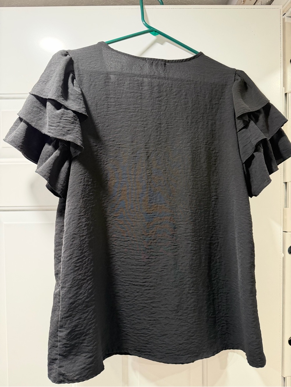 entro Black Textured V-Neck Blouse with Ruffle Sleeves - Picture 3 of 3